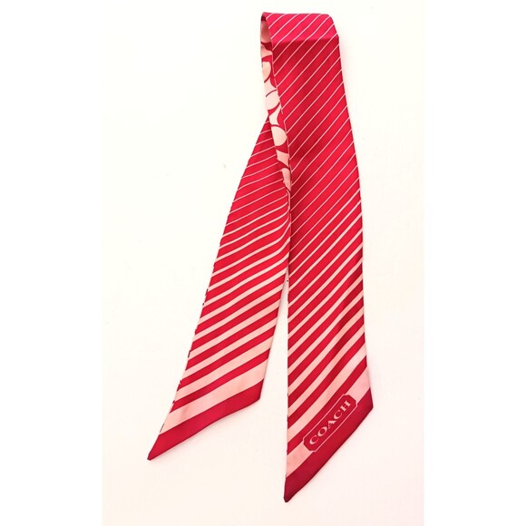 COACH 100% Silk Skinny Scarf Red Stripes/Logo Print Ponytail Bag Wrap - Picture 7 of 7